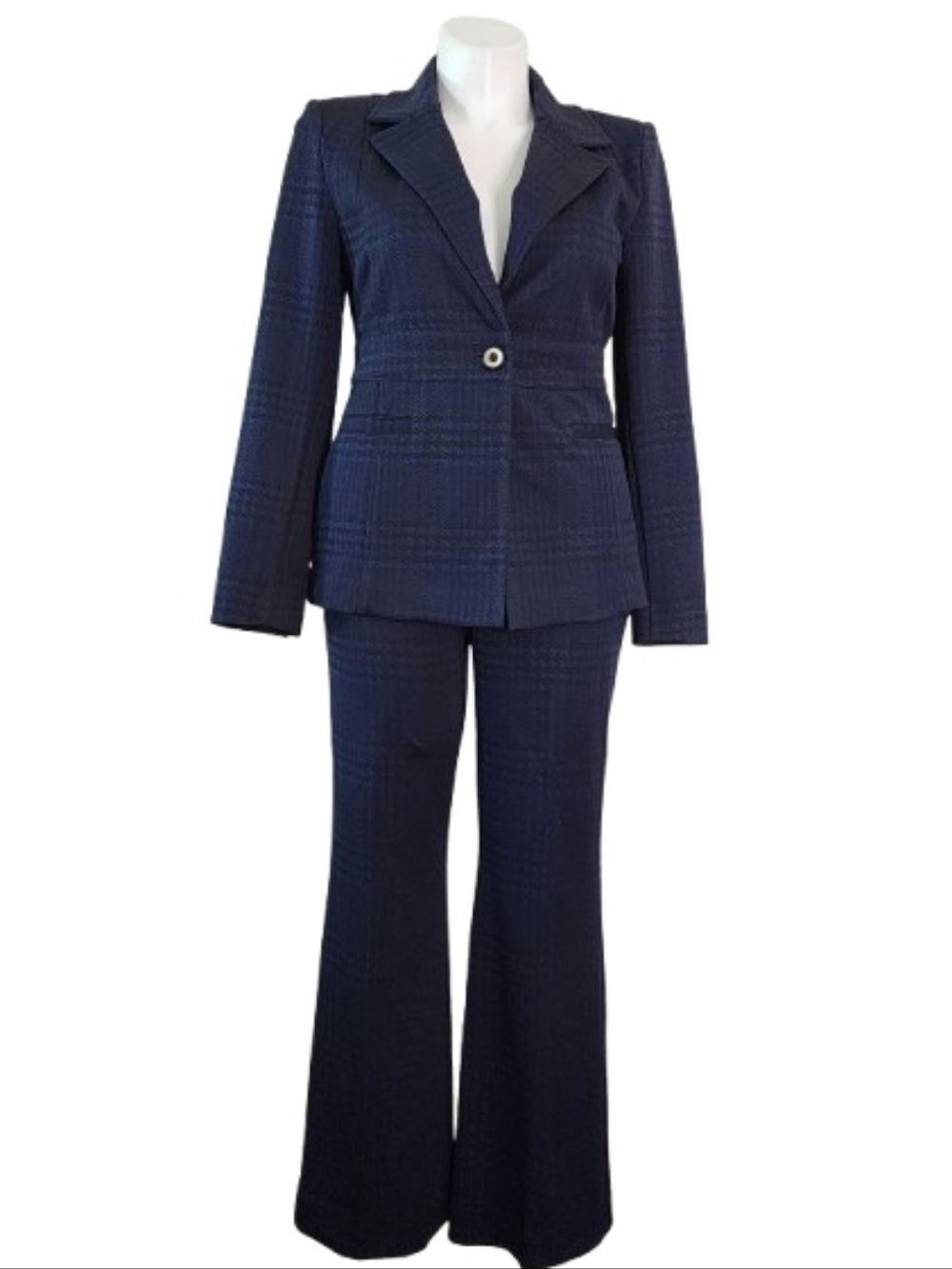 Cabi Checkout Blazer & Pants Suit Women's M 10 Navy Blue Plaid Wide Leg